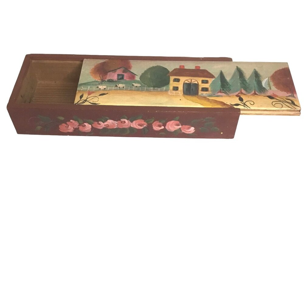 Hand Painted Wood Slide Top Box Cottage Farm Scene Teacher Gift Vintage Decor 8"